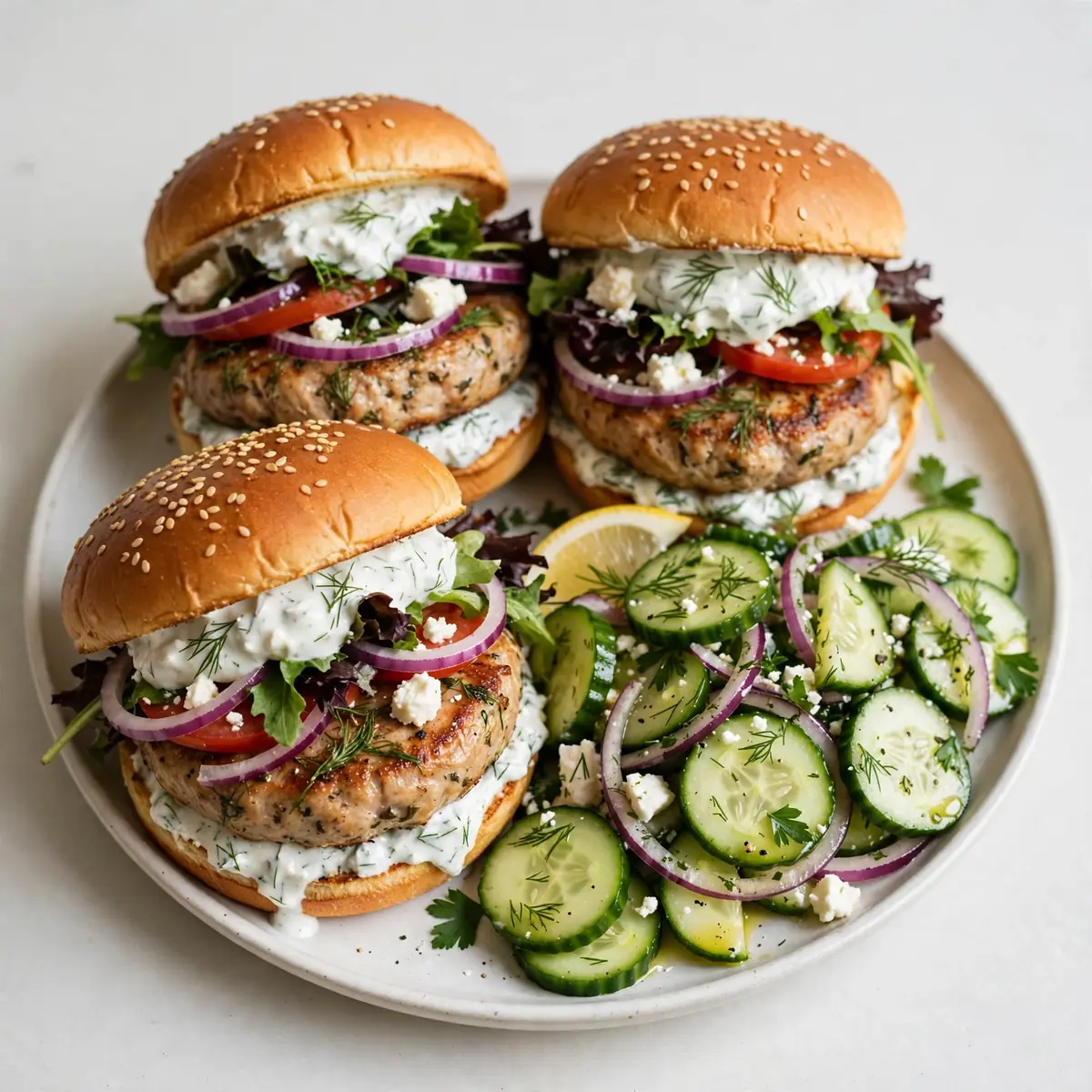 Cozy Greek Turkey Burgers with Cucumber Salad