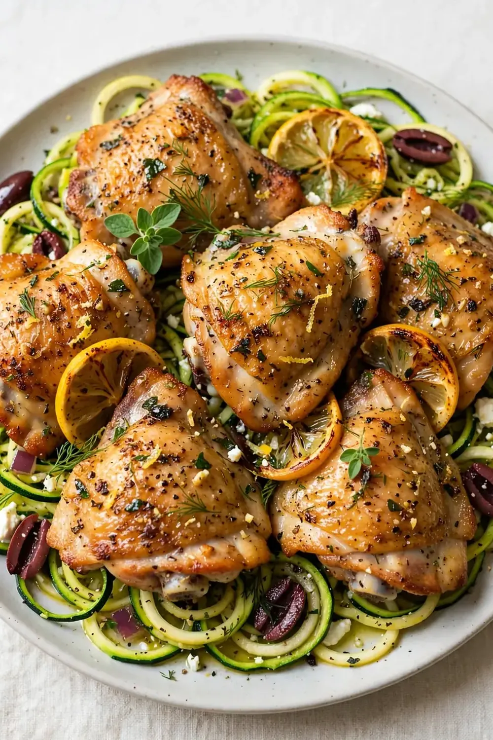 Greek Lemon Chicken Thighs with Zucchini Noodles
