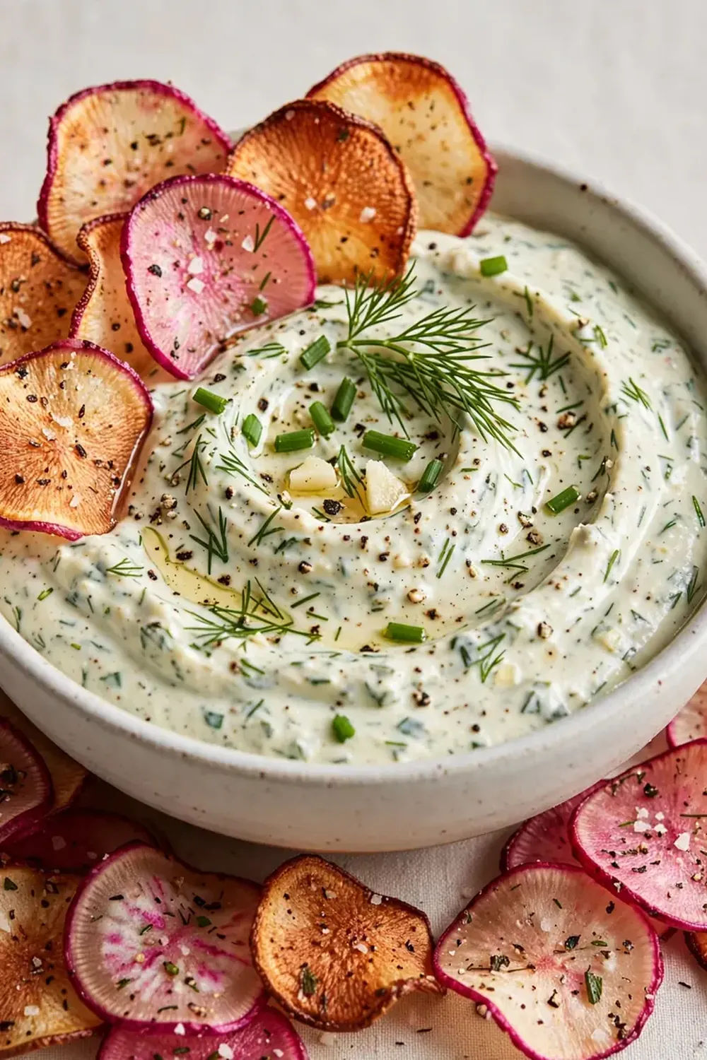 Creamy Garlic Herb Dip with Radish Chips
