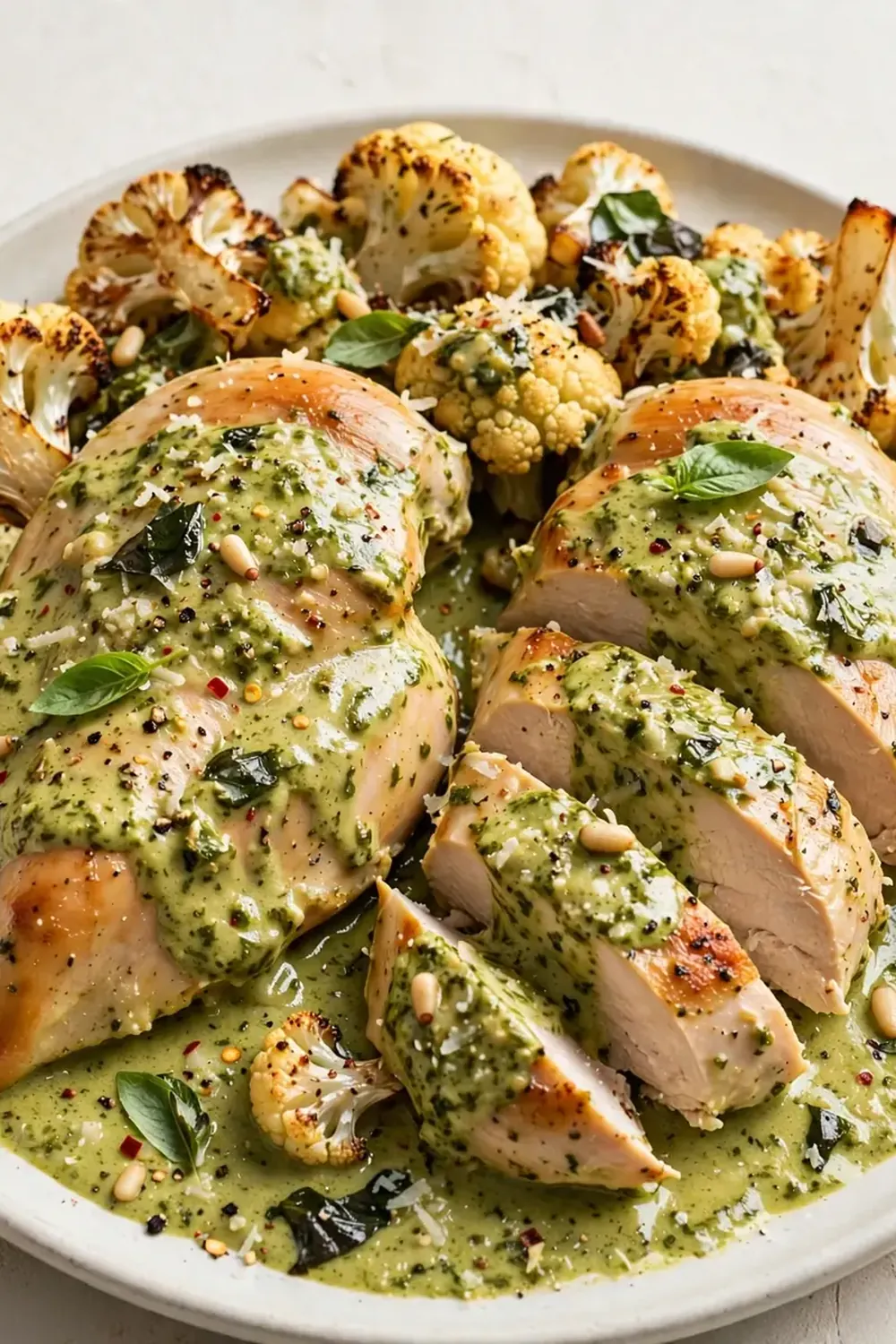 Creamy Pesto Chicken Breasts with Roasted Cauliflower